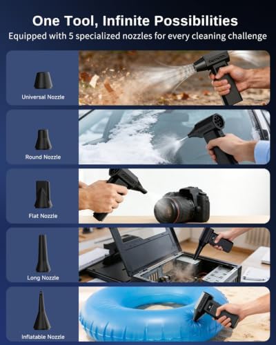 Compressed Air Duster - 110000 RPM Handheld Air Blower, Cordless Keyboard Cleaner with 4-Speed Settings & 5 Versatile Nozzles for Keyboards, Computers, Electronics and Home Cleaning