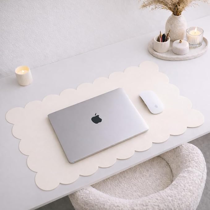 Orelle Scalloped Desk Mat | Vegan Leather Desk Mat for Keyboard and Mouse, Laptop, Makeup Vanity | Computer Desk Pad Mat | Office Desk Cover Mat | Desk Blotter Mat | 30 x 15” | Cream