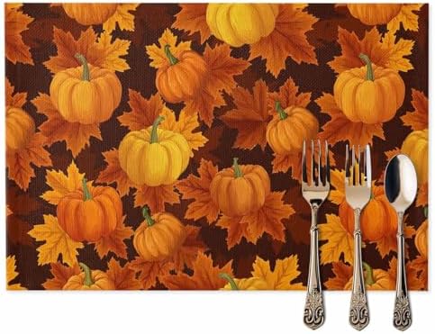 Thanksgiving Placemats Set of 4,Cotton Linen Heat Resistant Table Mats Washable Farmhouse Harvest Pumpkin Maple Leaves It's Fall Y'all Placemat for Holiday Banquet Party Dining Kitchen Table Decor