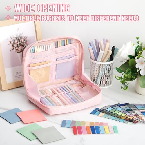 135 Pcs Book Annotation Kit Aesthetic Pencil Case Bag 12 Highlighter 11 Gel Pen 1 Marker 300 Sheet Transparent Sticky Notes Pad 2640 Index Stickers Bible Study Supplies (Kawaii,Pink)