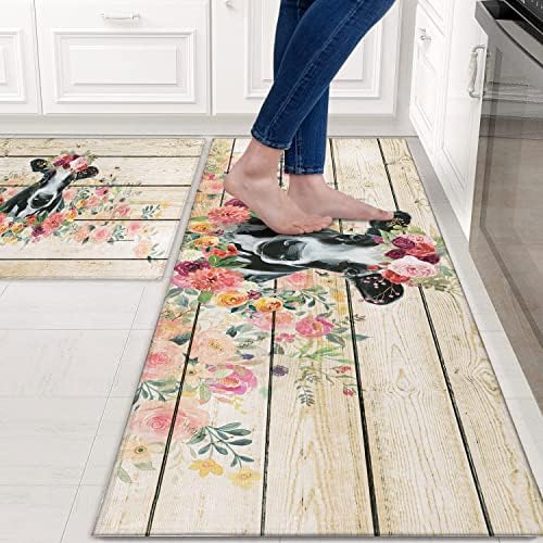 Cow Kitchen Rugs and Mats for Floor 2 Piece Sets, Wood Grain Floral Floor Mat for Kitchen, Farmhouse Cow Kitchen Mat in Front of Sink for Standing for Country Kitchen Decor 17"X30"+17"X47"