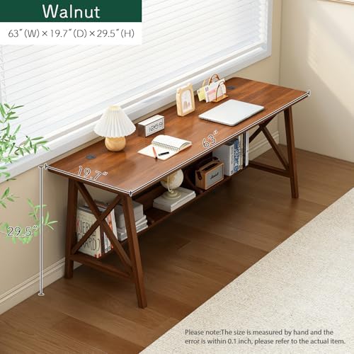 NELYE Extra Long Writing Desk with Bookshelf, 63" Wx20 Dx30 H, Walnut
