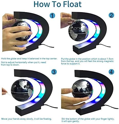 Estefanlo Floating Globe with LED Lights C Shape Magnetic Levitation Floating Globe World Map for Desk Decoration (Black-Silver)