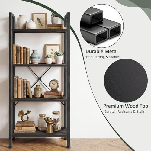 4 Tier Bookshelf, Free Standing Bookcase with Open Storage Shelves