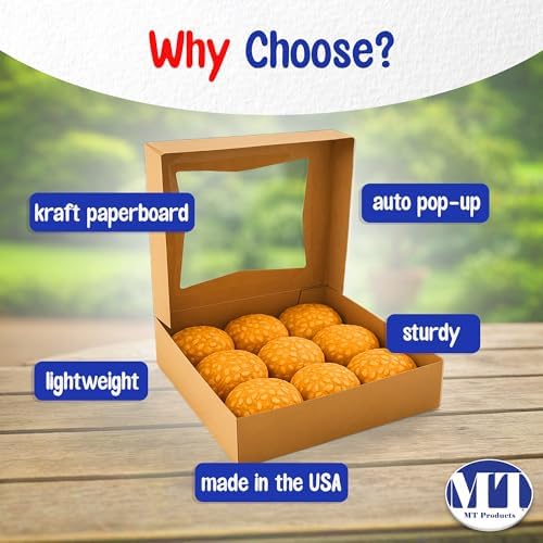 MT Products Kraft Cookie Boxes 8" x 8" x 2.5" - Auto Pop-Up Bakery Boxes with Window (Pack of 25) - Made in the USA