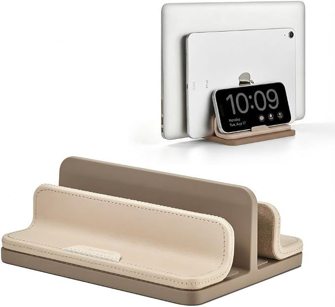 Dual Vertical Laptop Stand, 3 in 1 Upright Desktop Stand Holder with Adjustable Dock (Up to 17.3''), Leather Laptop Rack Storage Desk Organizer for Phone, Tablet, MacBook/HP/Dell/Chrome Book (Apricot)