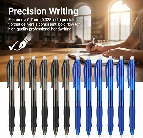 Volcanics Erasable Gel Pens, 0.7mm Fine Point, Soft Black & Blue, 12 Pack | Gel Erasable Ink Pens With Built-In Eraser, Smooth Pencil-Like Precision Writing For Rocket Book, Home, School And Office Use