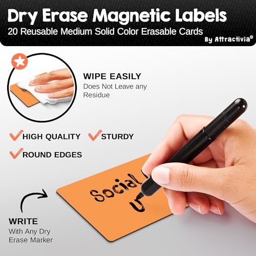 Attractivia Dry Erase Magnetic Labels 3.7 x 2.8 in, Solid Colors, Medium Dry Erase Magnets, 20-Pack, Colored Erasable Write-On All-Purpose Labels, for Office, Education, Home, Whiteboard