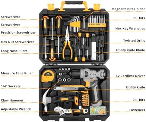 DEKOPRO Tool Set：Tool Kit with 8V Cordless Drill,Tool Box with Drill,Hand Drill Set for Men & Women,Home Tool Kits for House Repair,Handyman,DIY 126 Piece