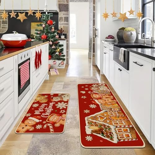 Baccessor Christmas Gingerbread Kitchen Rugs Set of 2,Red Gingerbread House Xmas Winter Snowman Kitchen Mats Washable Non Slip for Floor Hallway Laundry Sink Holiday Home Decor 17x29 and 17x47 Inch