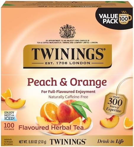 Twinings Peach & Orange Herbal Tea Individually Wrapped Bags, 100 Count (Pack of 1), Juicy & Fruity, Naturally Caffeine-Free, Enjoy Hot or Iced, 100 Teabags
