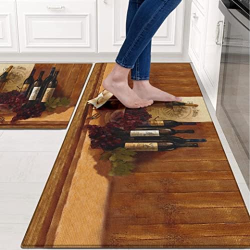 Wine Kitchen Rugs and Mats for Floor 2 Piece Sets, Farmhouse Wine Kitchen Rug in Front of Sink for Standing for Country Kitchen Decor 17"X30"+17"X47"