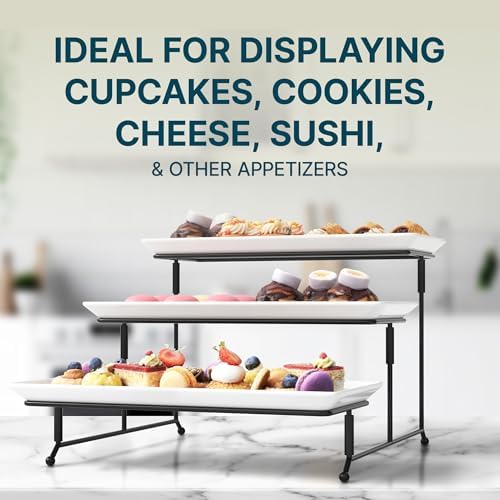 Gibson Elite Gracious Dining 3-Tier Serving Display Stand, Rectangular White Porcelain Plates, Tiered Serving Display - Elegant Food Presentation Display for Parties, Catering, Entertaining Events