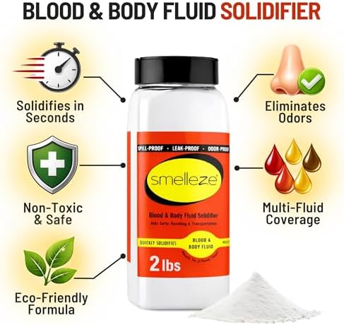 SMELLEZE Vomit Clean Up Powder & Blood Body Fluid Super Absorbent Solidifier Deodorizer: 2 lb. Instantly Absorb & Solidify Urine, Blood & Bio Waste for Medical, Tattoo & Pet Mess Cleanup (Pack of 2)