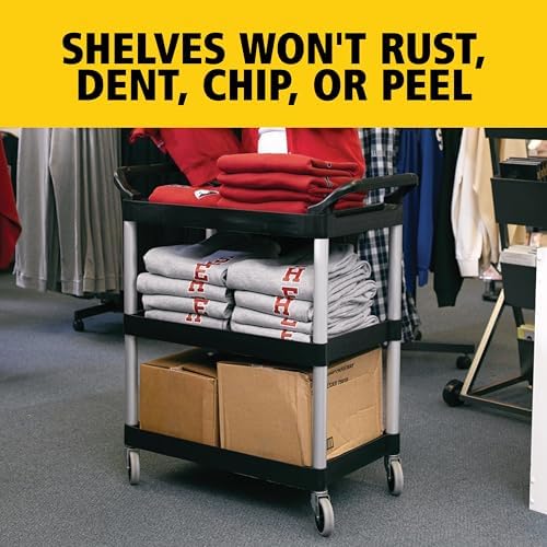 Rubbermaid Commercial Products Heavy Duty 3-Shelf Rolling Service/Utility/Push Cart, 200 lbs. Capacity, Black, for Foodservice/Restaurant/Cleaning/Warehouse/Garage