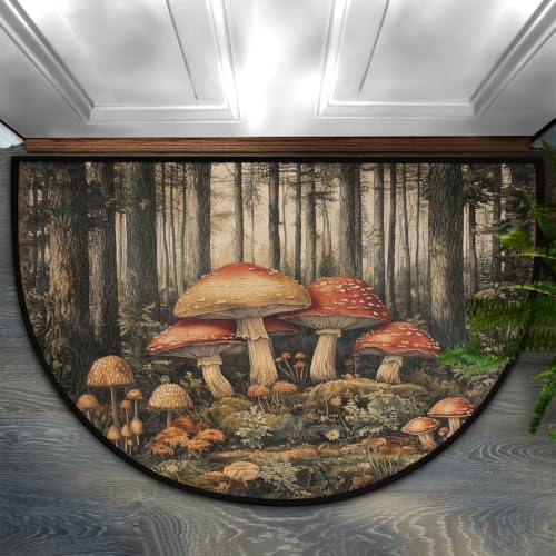 Mushrooms Forest Half Round Door Mat Non Slip Washable Semi Circle Area Rug Absorbent Soft Half Moon Rug Floor Mat for Indoor Outdoor Kitchen Bathroom Patio Front Door Mat Decor