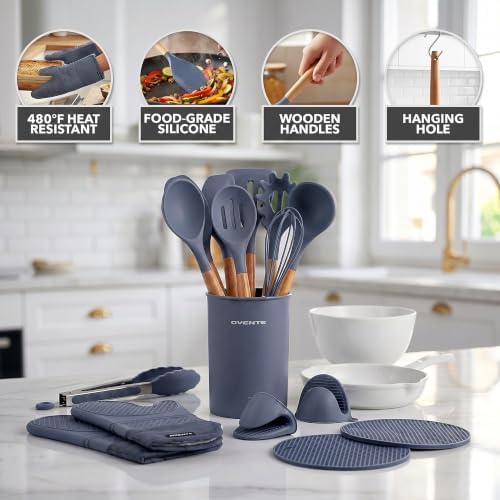 OVENTE Silicone Cooking Utensils Set, 17pcs, Heat Resistant, Grey SPS17G
