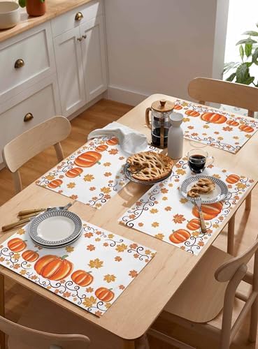 Fall Maple Leaves Placemats Set of 4, Thanksgiving Watercolor Pumpkins Heat Resistant Washable Table Place Mats Orange Cotton Table Linens Party Holiday Decor for Home Kitchen Dining Outdoor Indoor,