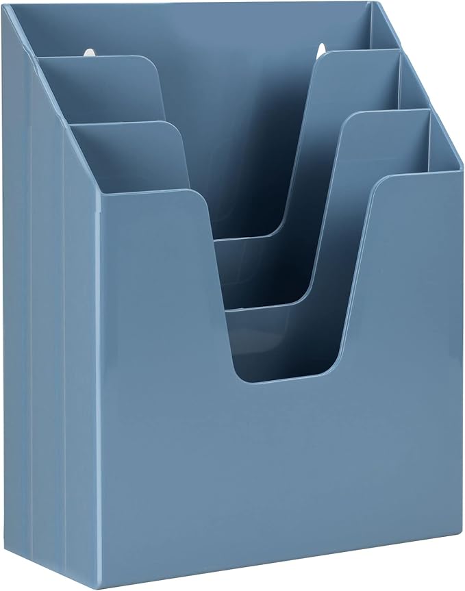 Acrimet Vertical Triple File Folder Holder Organizer Sorter, Blue | Open Top Design, 3 staggered Compartments, Wall-Mountable or Desktop, Plastic
