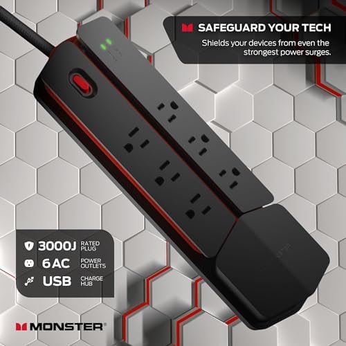 Monster Power Center Vertex Surge Protector with Detachable USB Power Strip, Surge Protector Power Strip - 6 AC Outlets, 2 USB-A Ports &1 USB-C Port