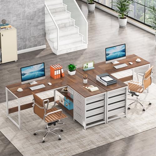 Tribesigns L Shaped Computer Desk with Storage Drawers, 59 inch Corner Desk with Shelves, Reversible L-Shaped Office Desk Study Writing Table Workstation for Home Office, Walnut & White