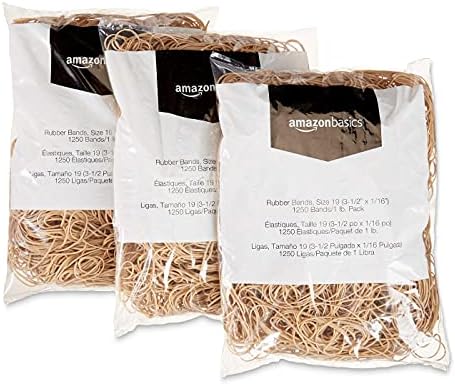 Amazon Basics Rubber Bands, Office Supplies, Size 19 (3-1/2 x 1/16 Inch), Stretchy, 1250 Bands/1 lb. Pack, 6-Pack, Tan