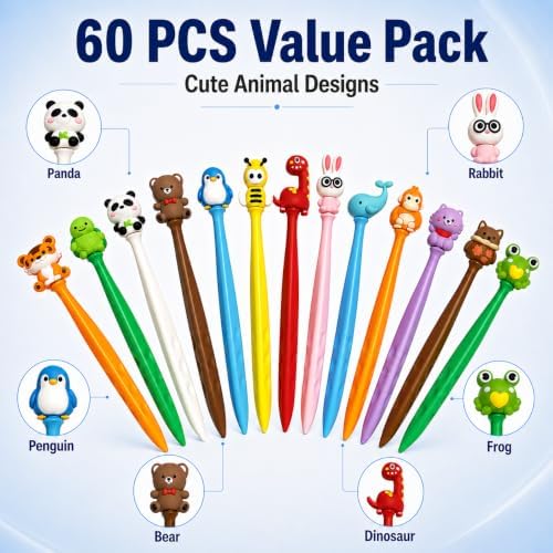 60 PCS Animal Pencil Top Erasers, Cute Kawaii Animal Eraser Toppers, Soft Rubber Pencil Cap Erasers, Assorted Cartoon Animal Designs for Writing, Drawing, Office, School, Planner, Journal Supplies