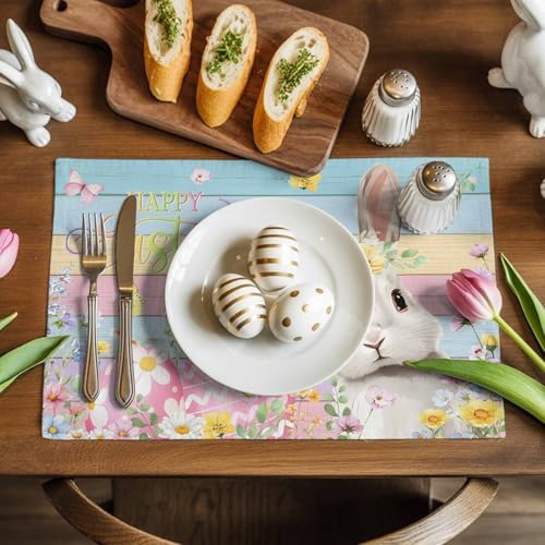 Easter Placemats Set of 6, Bunny Eggs Place Mats Washable Dining Table Mats Spring Holiday Party Decor for Kitchen&Linens Outdoor Indoor, Spring Floral Leaves Carrot Color Wood