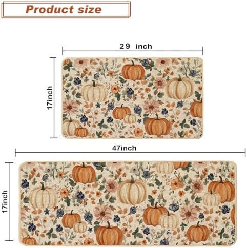 Baccessor Pumpkin Fall Kitchen Mats Set of 2, Vintage Kitchen Rugs for Floor Low-Profile Fall Thanksgiving Home Decor 17x29 and 17x47 Inch