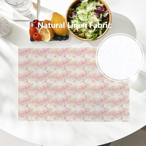 Batmerry Watercolor Cherry Blossom Linen Placemats Set of 8, Light Apricot Flowers Washable Table Mats for Kitchen Table Thickened Heat Insulation Dining Set Indoor Outdoor 12X18 in