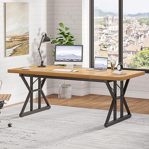 Tribesigns 70.8-Inch Executive Desk, Large Computer Office Desk Workstation, Modern Simple Style Laptop Desk Study Writing Table Business Furniture for Home Office (Light Walnut/Black, 70.8 Inch)