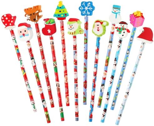 Christmas Pencils with Giant Eraser Assortment Christmas Themed Pencil Wooden Pencils for Christmas Party Supplies Xmas Stocking Stuffers, 12 Style (12)