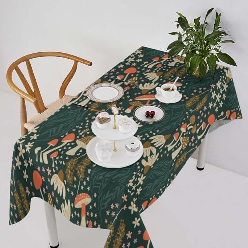Mushroom Table Cloth, Vintage Woodland Summer Flowers Plants Forest Botanical Leaves Table Cover for Farmhouse Kitchen Dining Room Table Decor 60x110in