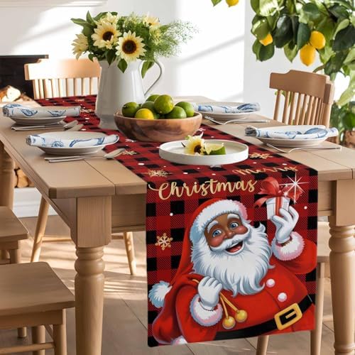 Black Santa Claus Table Runner Dresser Scarf 13 x 36 Inch Merry Christmas Snowflake Red Black Plaid Table Runners Non-Slip Heat Resistant Kitchen Dining Table Decor for Home Holidays Indoor Outdoor