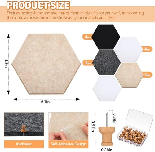 6.7 x 5.9 in 16 Pcs Hexagon Cork Board Tiles, Felt Pin Boards, Classic