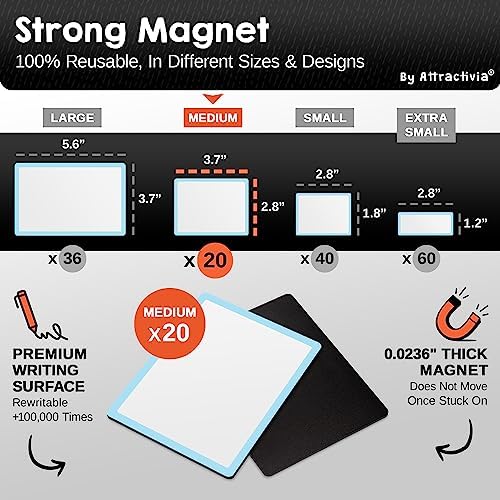 Attractivia Dry Erase Magnetic Labels 3.7 x 2.8 in, Color Borders, Medium Dry Erase Magnets, 20-Pack, White Erasable Write-On All-Purpose Labels, for Office, Education, Home, Whiteboard