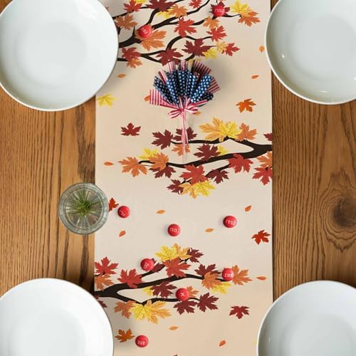 Fall Table Runner Fall Gnome Table Runners Harvest Thanksgiving Maple Leaves Blue Pumpkin Cotton Linen Dresser Scarf Kitchen Dining Table Decor for Autumn Holiday Party Coffee 13x108 Inch