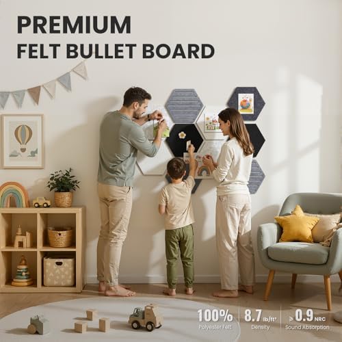 Hexagon Cork Bulletin Board Tiles, 10 Pack Felt Board with 25 Push Pins, Photo Display Board for Office & Home Classroom Wall Decor, 11.8x10.2 Inches