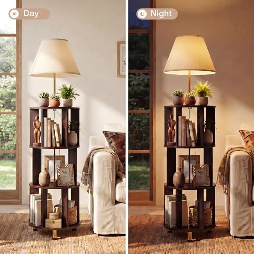 Tribesigns Floor Lamp with 3-Tier Open Bookshelf, 62.2" Tall Standing Lamp with Wood Storage Shelf, Dark Brown Floor Lamp with Linen Shade & Foot Switch for Living Room, Bedroom, Home Office