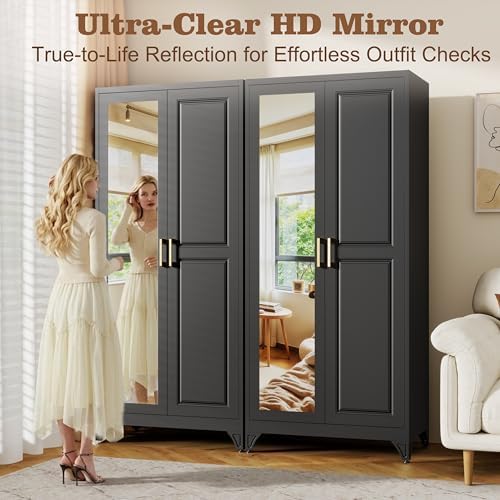 71" Black Metal Wardrobe Closet with Full-Length Mirror, 18" Deep Steel Armoire Clothes Storage Cabinet with Sturdy Hanging Rod & Adjustable Shelves for Bedroom Home Office