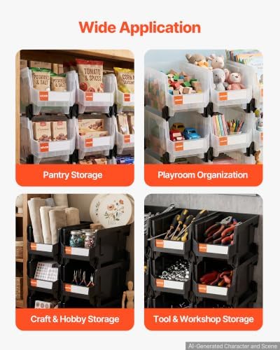 VEVOR Plastic Stackable Storage Bins, 14.8 x 8.5 x 7.1 inch (12 Pack), Plastic Containers for Organizing & Storage Bins for Garage, Small Parts, Office Supplies, Other Accessories, Black & Transparent