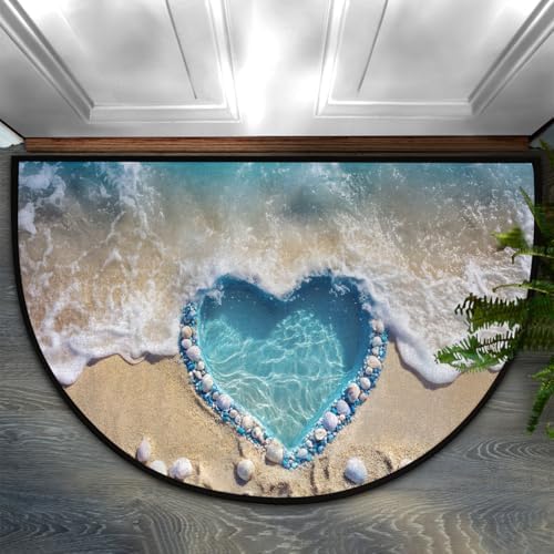 Beach Heart Seashell Half Round Door Mat Non Slip Washable Semi Circle Area Rug Absorbent Soft Half Moon Rug Floor Mat for Indoor Outdoor Kitchen Bathroom Patio Front Door Mat Decor