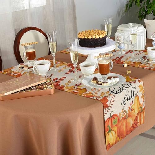 Fall Pumpkin Table Runner Dresser Scarf 13 x 90 Inch Harvest Orange Maple Leaves Table Runners Non-Slip Heat Resistant Kitchen Dining Table Decor for Autumn Thanksgiving Holidays Indoor Outdoor