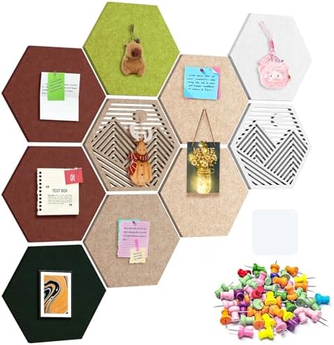 10PCS 11.8" Large Hexagon Felt Cork Board Tiles, Geometric Modular Bulletin Boards with 50 Pushpins, 35 Adhesive Tabs for Office School Home Wall Decor Stickers Memos Photos Display (Hexagon)