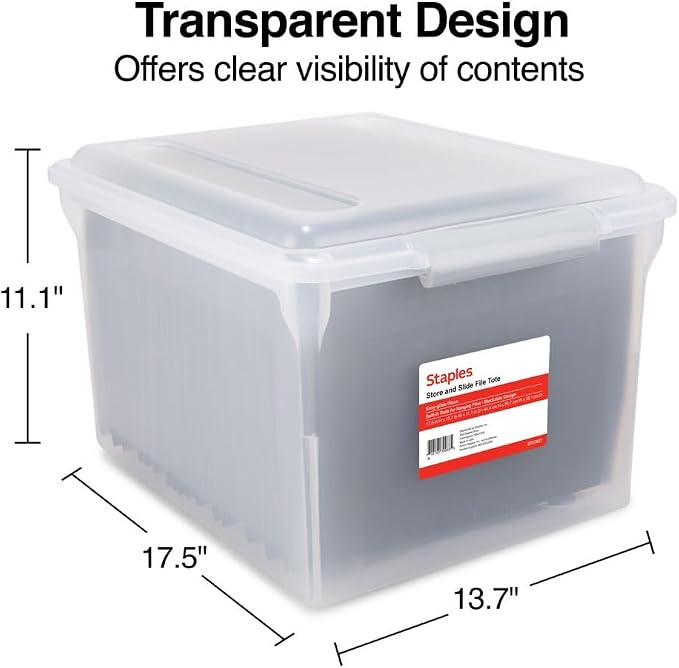 Staples Store & Slide Plastic File Box, Latching, Letter/Legal, 2/Pk | Clear, stackable box keeps hanging files secure and easy to transport.