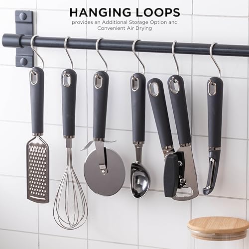 Country Kitchen 6 Pc Essentials Kitchen Stainless Steel Gadget Set Black Gun Metal with Soft Touch Black Handles for Cooking