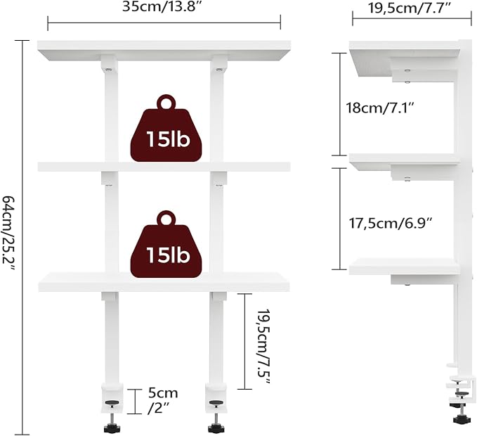 MAHANCRIS Clamp On Desk Organizer, 3-Tier Desktop Bookshelf, Adjustable Desk Storage Shelf, Metal Frame, for Office, Study and Game Room, White DSWT3601