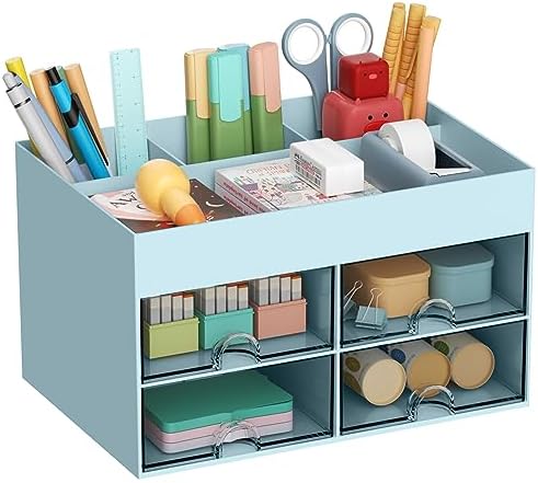Marbrasse Pen Organizer with 4 Drawer, Multi-Functional Pencil Holder for Desk, Desk Organizers and Accessories with 4 Compartments + Drawer for Office Art Supplies (Blue)