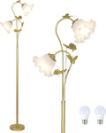 HMVPL Gold Floor Lamp for Living Room, Flower Standing Lamp with 2 LED 5W Blubs, Foot Switch, Floral Tall Lamp with Acrylic Shade, Antique Lotus Flower Floor Lamp for Living Room Office Reading