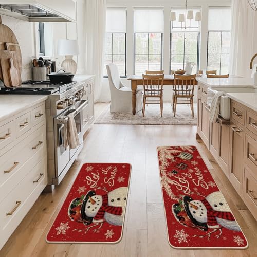 Artoid Mode Snowman Let It Snow Snowflake Christmas Kitchen Mats Set of 2, Winter Home Decor Low-Profile Kitchen Rugs for Floor - 24x35 and 24x59 Inch